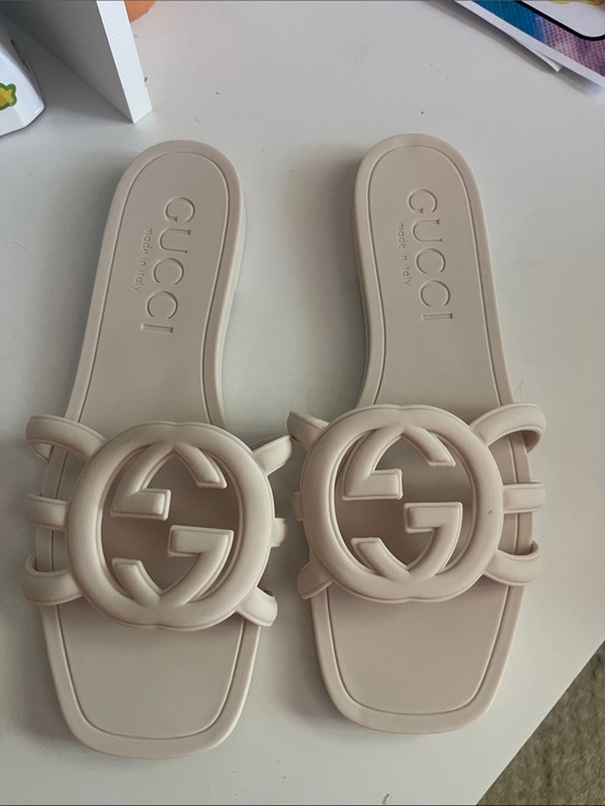 Gucci Shoes - Gucci Beige Logo Rubber Slide Sandals